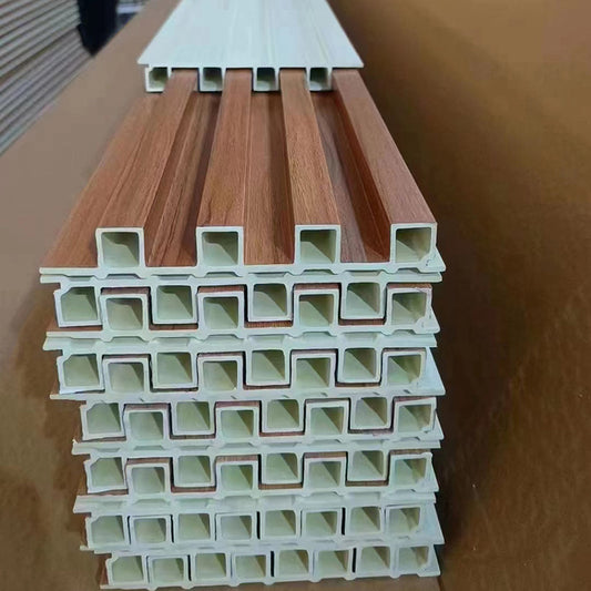 Laminated Wooden Grain Pvc Hollow Core Fluted Wall Panels Wall Decor Board Wpc 3D Louvre Wall Panel-海智集-