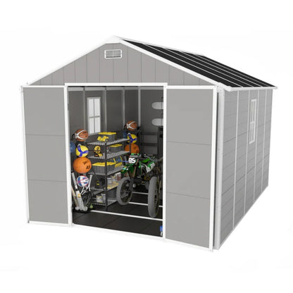 Campcraft 8*10ft resin storage shed, high quality pp material, strong structure, waterproof, rust and UV proof, large storage space, 12mm thick pp board, HD window lighting-海智集-Default-