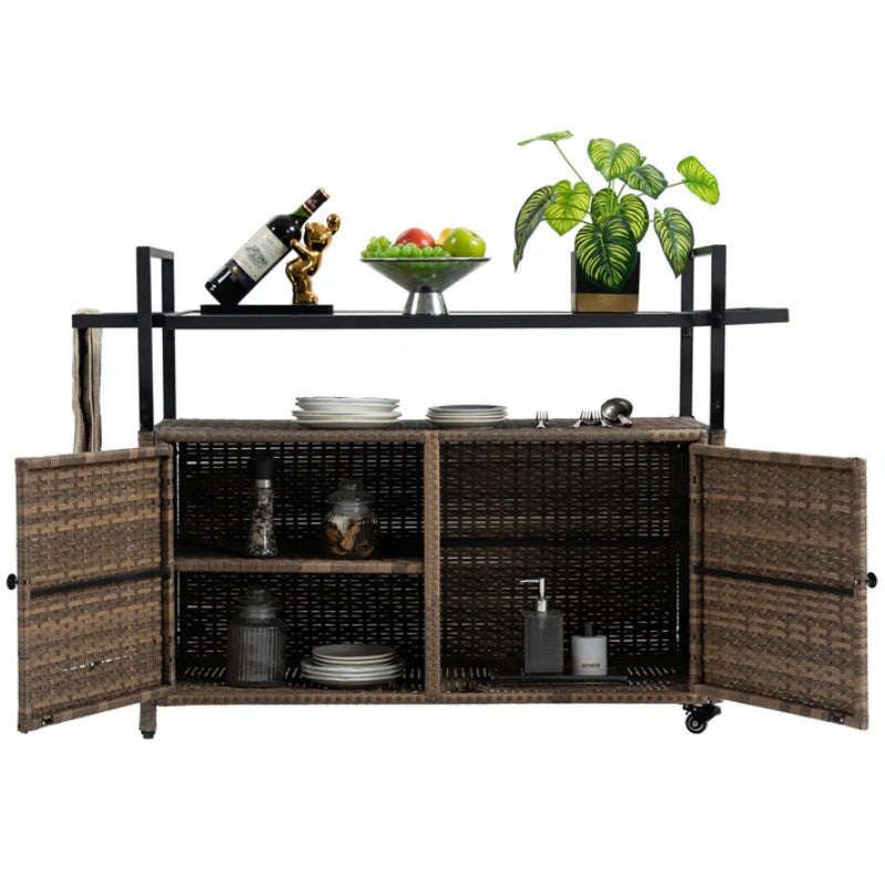 Outdoor Wicker Bar Cart, Patio Wine Serving Cart w/Wheels , Rolling Rattan Beverage Bar Counter Table w/Glass Top for Porch Backyard Garden Poolside Party, Light brown-海智集-Default-