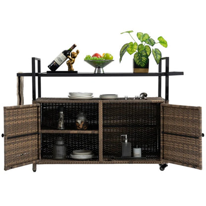 Outdoor Wicker Bar Cart, Patio Wine Serving Cart w/Wheels , Rolling Rattan Beverage Bar Counter Table w/Glass Top for Porch Backyard Garden Poolside Party, Light brown-海智集-Default-