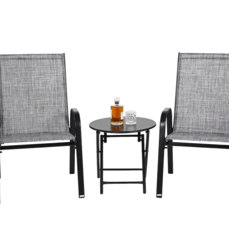 3 Piece Patio set, Outdoor Camping Chairs with Breathable Textilene Fabric, folding table with steel table top, 2chairs and 1table set ( Grey)-海智集-Default-