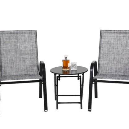 3 Piece Patio set, Outdoor Camping Chairs with Breathable Textilene Fabric, folding table with steel table top, 2chairs and 1table set ( Grey)-海智集-Default-