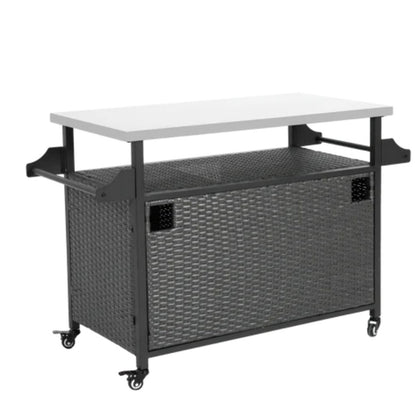 Large bar cart,Outdoor Kitchen Wicker Island Rolling Cart & Storage Cabinet, Wheels and Stainless Steel Extended Table Top, Side Handle for Patio Kitchen or Bar Cart, Grey-海智集-Default-