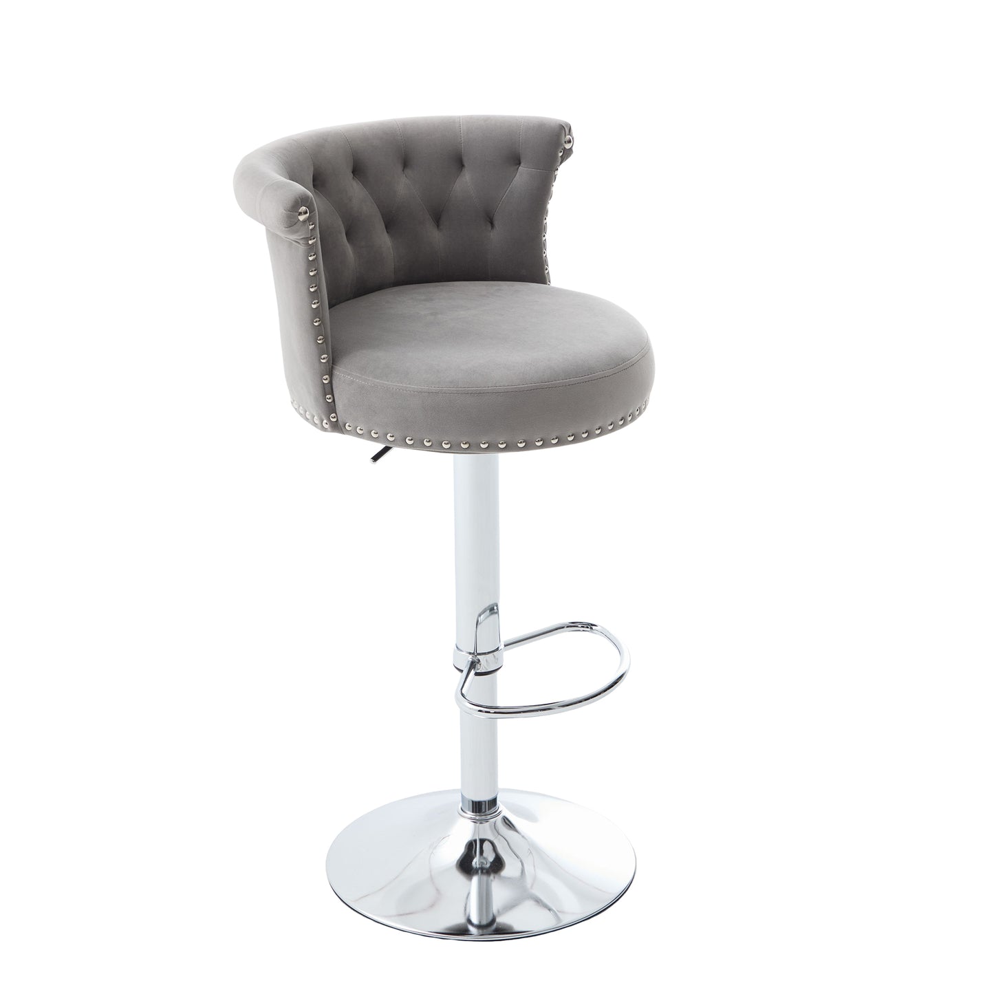 COOLMORE Velvet Bar Stool Set of 2, Adjustable Swivel Bar Stools with Silver Plated Metal Leg, Chrome Nailhead, Counter Height Chair for Kitchen,Dining Room-海智集-Default-