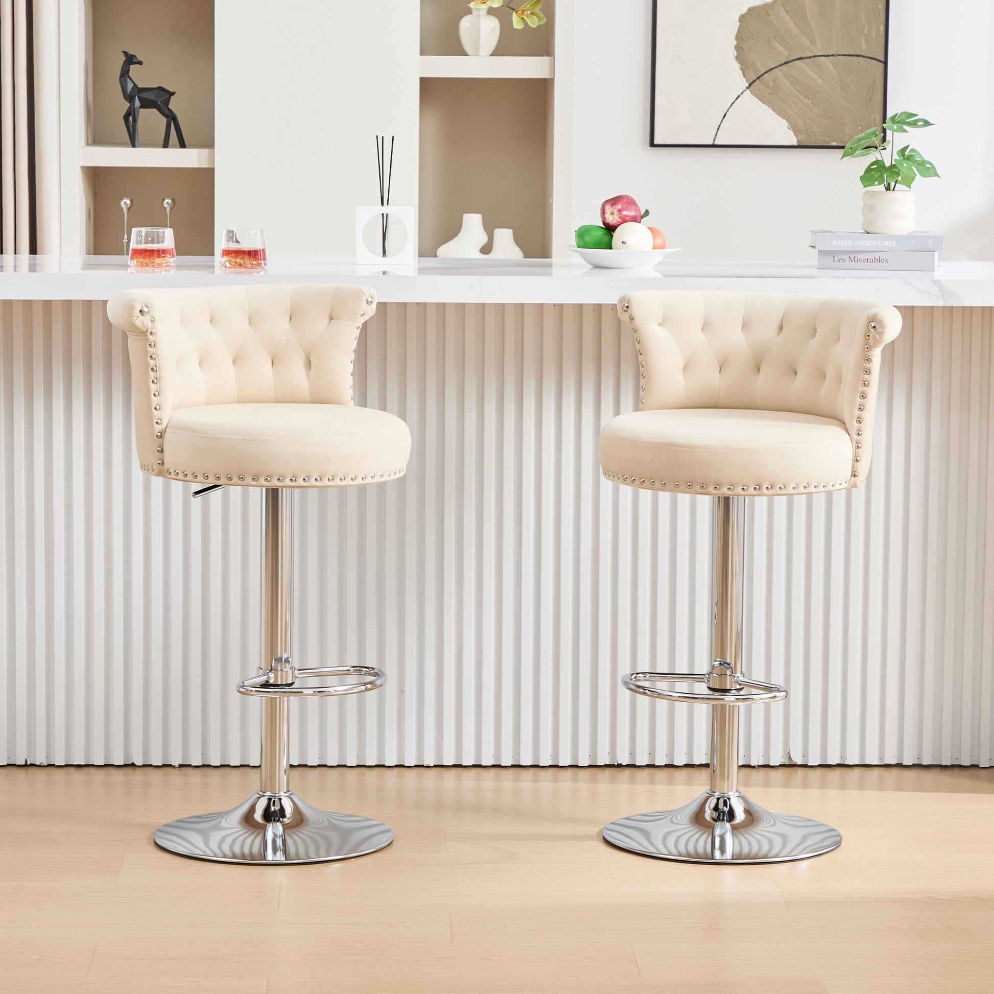 COOLMORE Velvet Bar Stool Set of 2, Adjustable Swivel Bar Stools with Silver Plated Metal Leg, Chrome Nailhead, Counter Height Chair for Kitchen,Dining Room-海智集-Default-