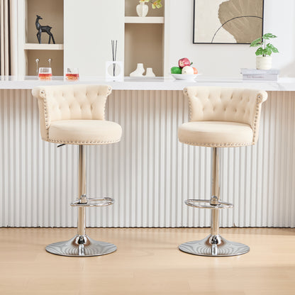 COOLMORE Velvet Bar Stool Set of 2, Adjustable Swivel Bar Stools with Silver Plated Metal Leg, Chrome Nailhead, Counter Height Chair for Kitchen,Dining Room-海智集-Default-