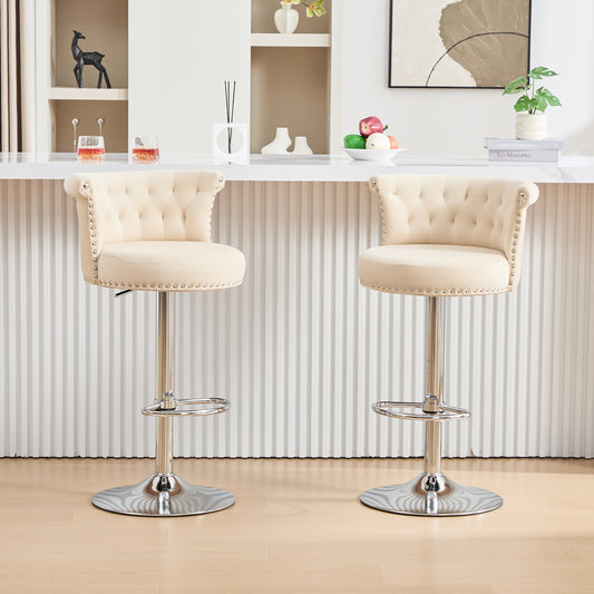 COOLMORE Velvet Bar Stool Set of 2, Adjustable Swivel Bar Stools with Silver Plated Metal Leg, Chrome Nailhead, Counter Height Chair for Kitchen,Dining Room-海智集-Default-