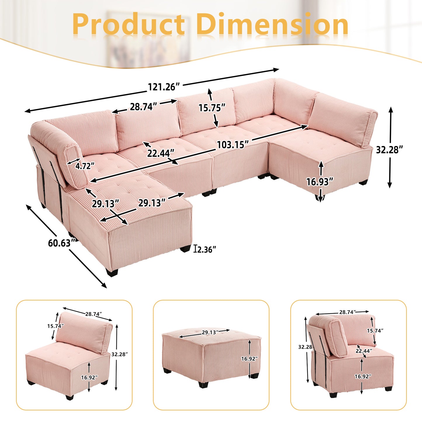 UNITED WE WIN Modular Sectional Sofa U Shaped Modular Couch with Reversible Chaise Modular Sofa Sectional Couch,6- Seat Convertible Sofa,Fit for Living Room-海智集-Default-