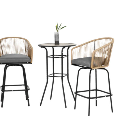 3pcs Outdoor Bar Set, Patio Bar Table and Chairs Set, Bar Height Patio Set - 2 x Swivel Bar Chairs , 1 x Round Bar Table(DPC Wood-Like)-Grey-海智集-Default-