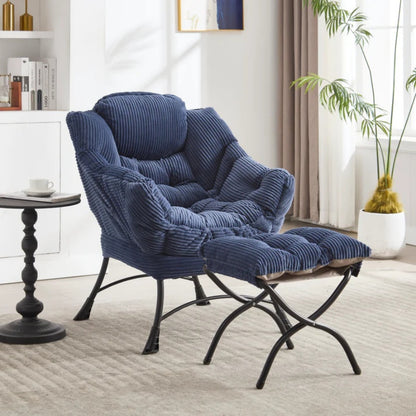 Lazy Chair with Ottoman, Modern Lounge Accent Chair with Armrests and a Side Pocket, Leisure Upholstered Sofa Chair Reading Chair with Footrest for Small Space, Corner Chair-Navy blue-海智集-Default-