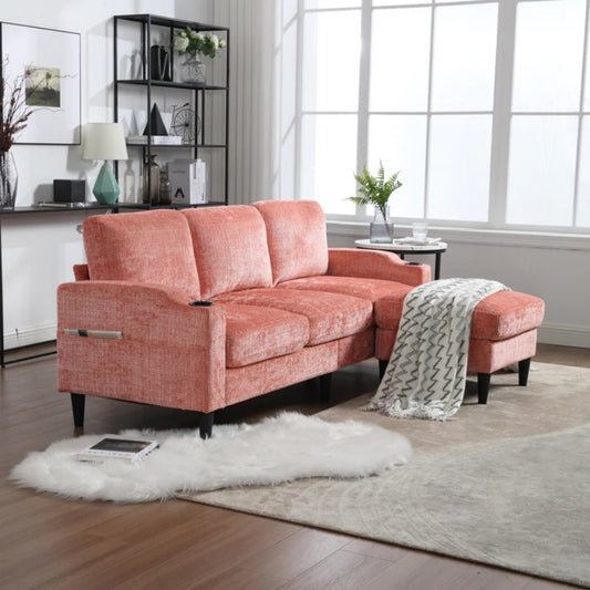 UNITED WE WIN Sofa for three, solid wood frame, Chenille fabric, side pocket, with two cup holders, footstool with storagestorage sofa /Living room sofa cozy sectional sofa-海智集-Default-