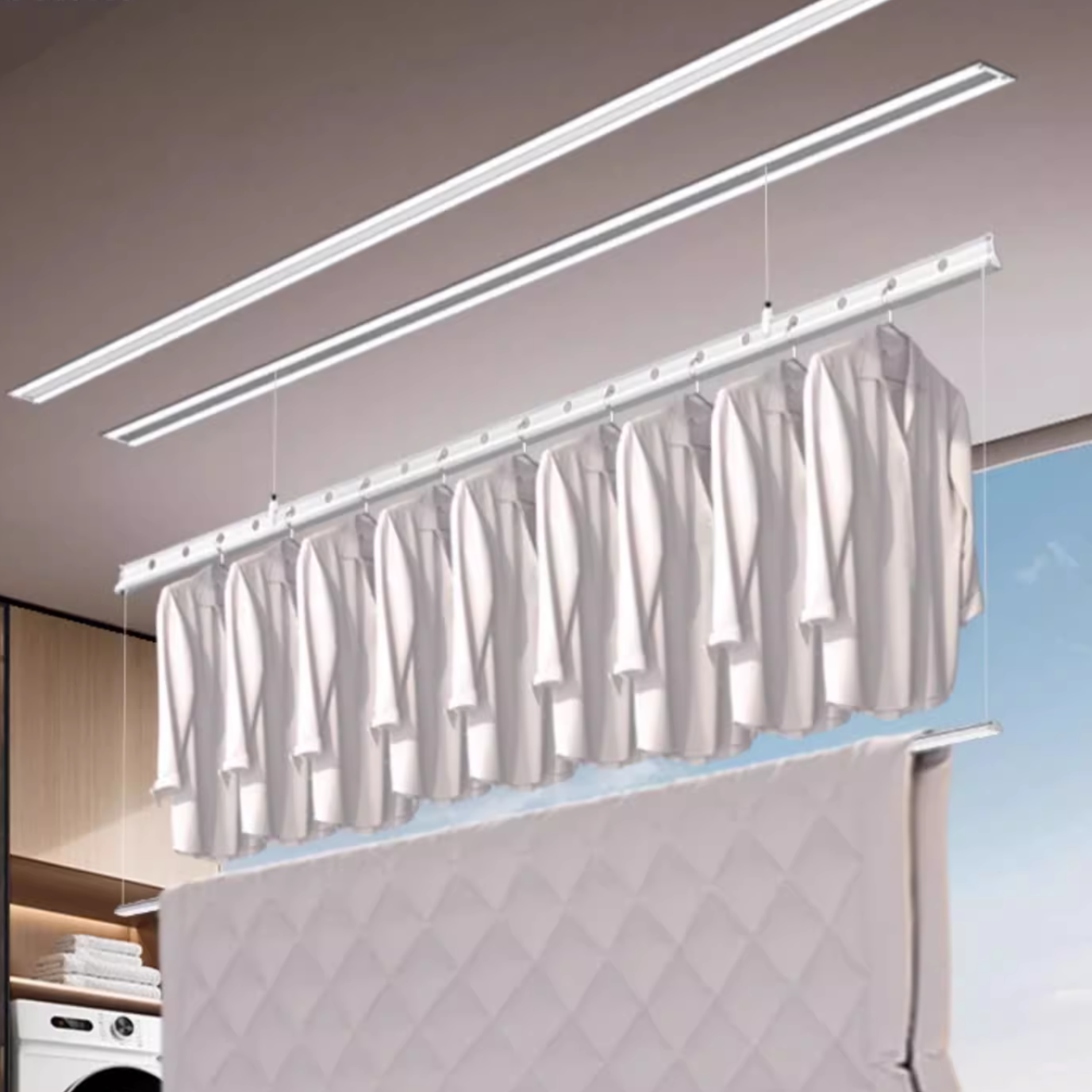 Taitaile Smart Invisible Clothes Drying Rack -H121W-1309X-2XX- Dual Rod (2.1m), 3-Level Height, Wireless/Voice Control, LED Light, Dryer & Plasma Sterilization-海智集-