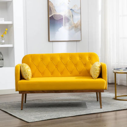 COOLMORE Modern Velvet Loveseat Sofa , Comfy Upholstered 2-Seater Sofa with Gold Metal Legs, Small Loveseat Accent Couch for Living Bedroom Leisure Areas (Yellow Velvet)-海智集-Default-