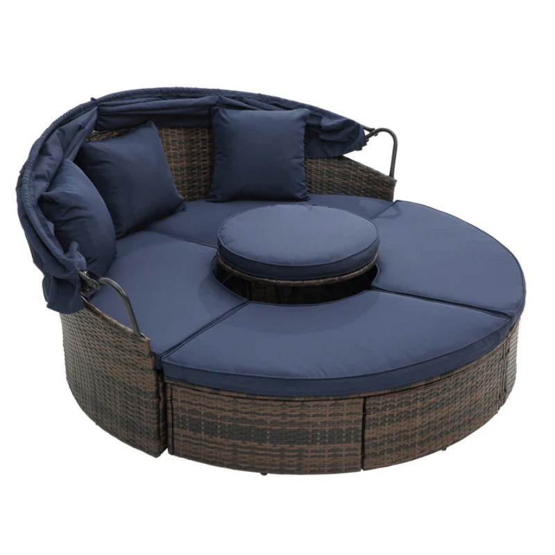 Hot Sale KD Rattan Round Lounge With Canopy Bali Canopy Bed Outdoor, Wicker Outdoor Sofa Bed with lift coffee table-海智集-Default-