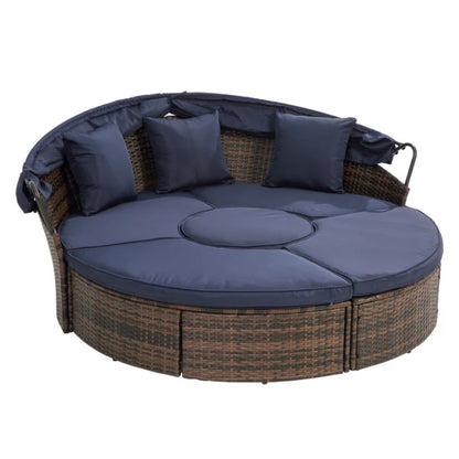 Hot Sale KD Rattan Round Lounge With Canopy Bali Canopy Bed Outdoor, Wicker Outdoor Sofa Bed with lift coffee table-海智集-Default-