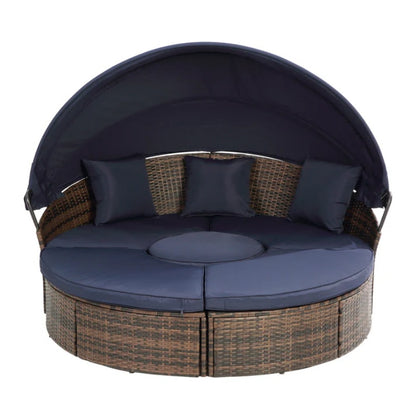 Hot Sale KD Rattan Round Lounge With Canopy Bali Canopy Bed Outdoor, Wicker Outdoor Sofa Bed with lift coffee table-海智集-Default-