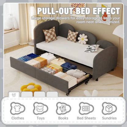 Modern Twin Size Velvet Upholstered Daybed with Additional Bed Frame, Dark Gray, Solid Wood Structure-海智集-Default-