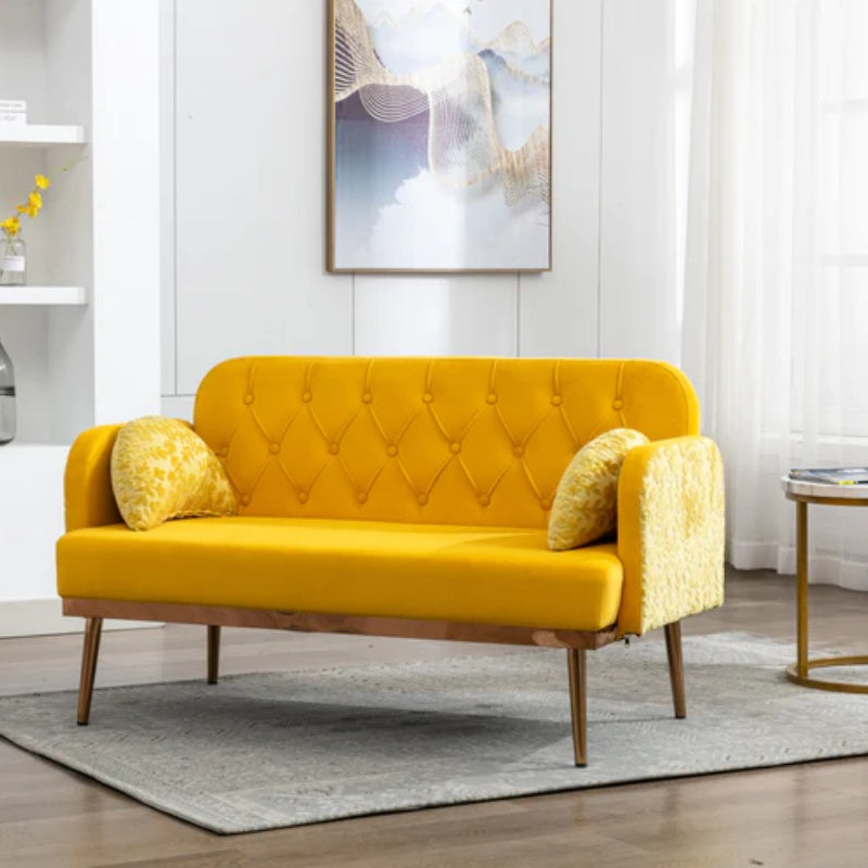 COOLMORE Modern Velvet Loveseat Sofa , Comfy Upholstered 2-Seater Sofa with Gold Metal Legs, Small Loveseat Accent Couch for Living Bedroom Leisure Areas (Yellow Velvet)-海智集-Default-