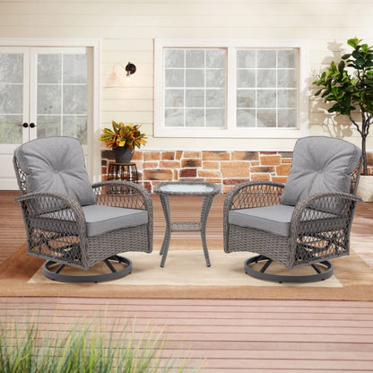 3 Pieces Outdoor Swivel Rocker Patio Chairs, 360 Degree Rocking Patio Conversation Set with Thickened Cushions and Glass Coffee Table for Backyard, Grey-海智集-Default-