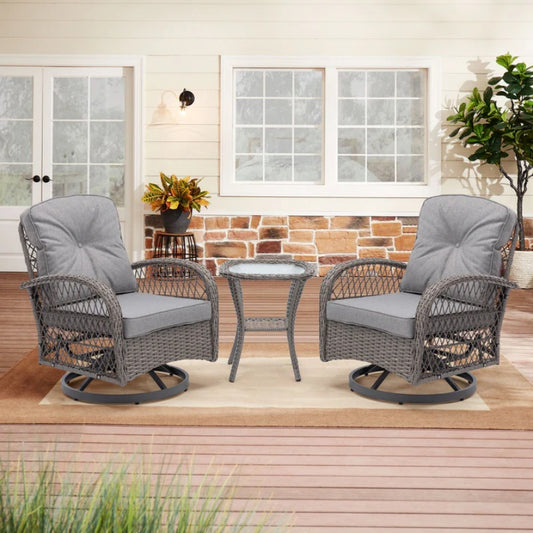 3 Pieces Outdoor Swivel Rocker Patio Chairs, 360 Degree Rocking Patio Conversation Set with Thickened Cushions and Glass Coffee Table for Backyard, Grey-海智集-Default-