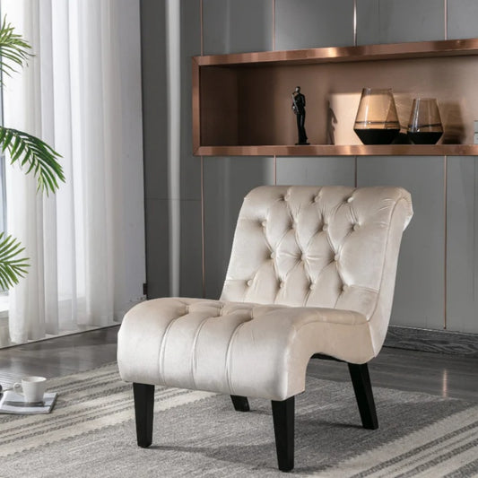 COOLMORE Modern Velvet Armless Accent Living Room Chair / Leisure Chair,Upholstered Fabric Button Comfortable Chair with Wooden Legs for Bedroom, Living Room, Office (Beige Velvet)-海智集-Default-