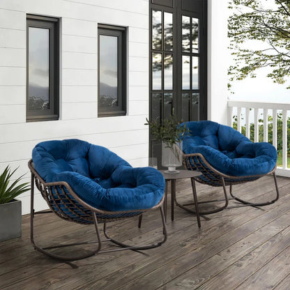 Outdoor Rattan Rocking Chair,Padded Cushion Rocker Recliner Chair Outdoor for Front Porch, Living Room, Patio, Garden, Navy Blue-海智集-Default-