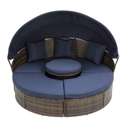 Hot Sale KD Rattan Round Lounge With Canopy Bali Canopy Bed Outdoor, Wicker Outdoor Sofa Bed with lift coffee table-海智集-Default-