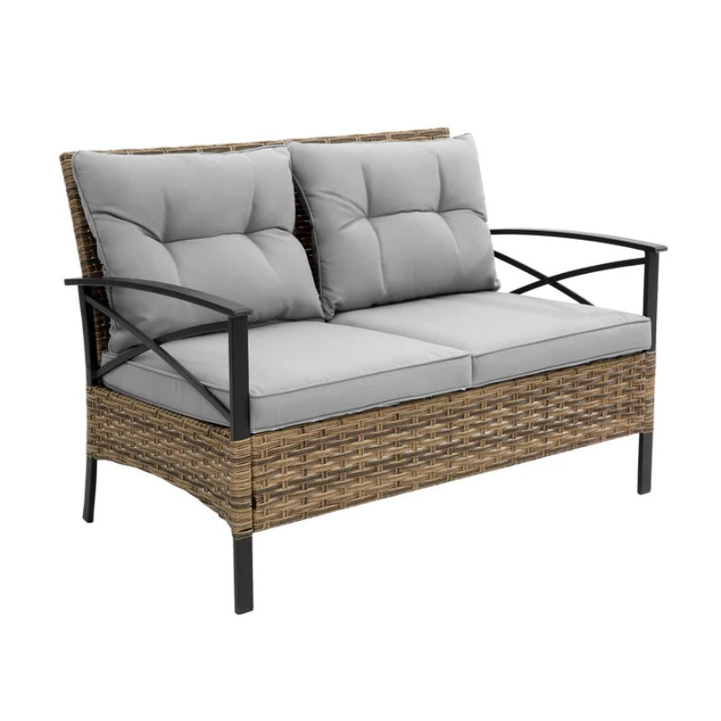 Patio 4 piece sectional low dining conversation sofa set- KD rattan wicker outdoor garden furniture corner sofa set with cushion.-海智集-Default-