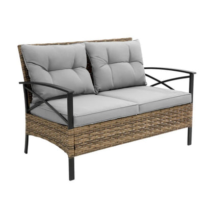 Patio 4 piece sectional low dining conversation sofa set- KD rattan wicker outdoor garden furniture corner sofa set with cushion.-海智集-Default-