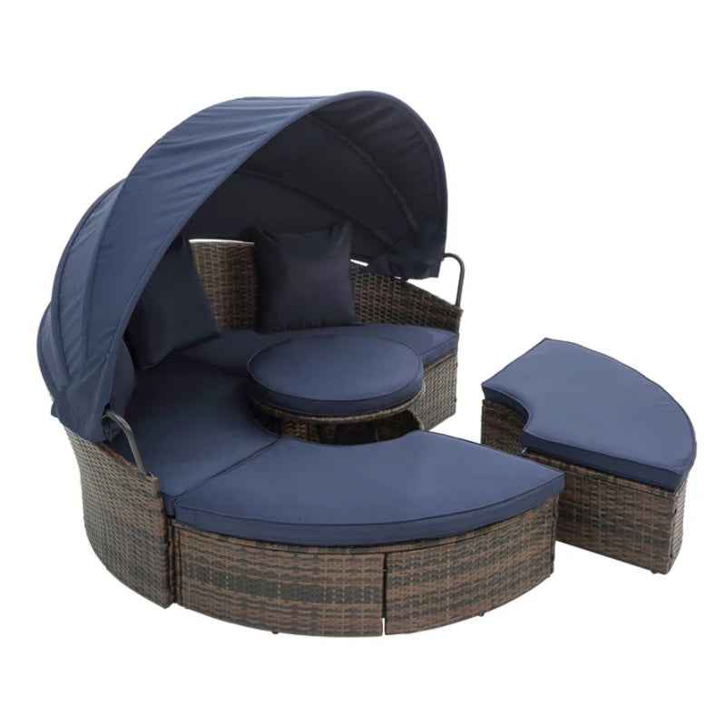 Hot Sale KD Rattan Round Lounge With Canopy Bali Canopy Bed Outdoor, Wicker Outdoor Sofa Bed with lift coffee table-海智集-Default-