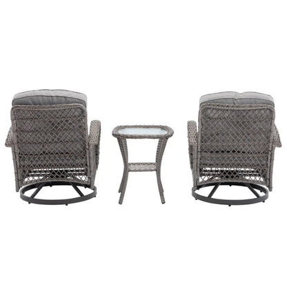 3 Pieces Outdoor Swivel Rocker Patio Chairs, 360 Degree Rocking Patio Conversation Set with Thickened Cushions and Glass Coffee Table for Backyard, Grey-海智集-Default-