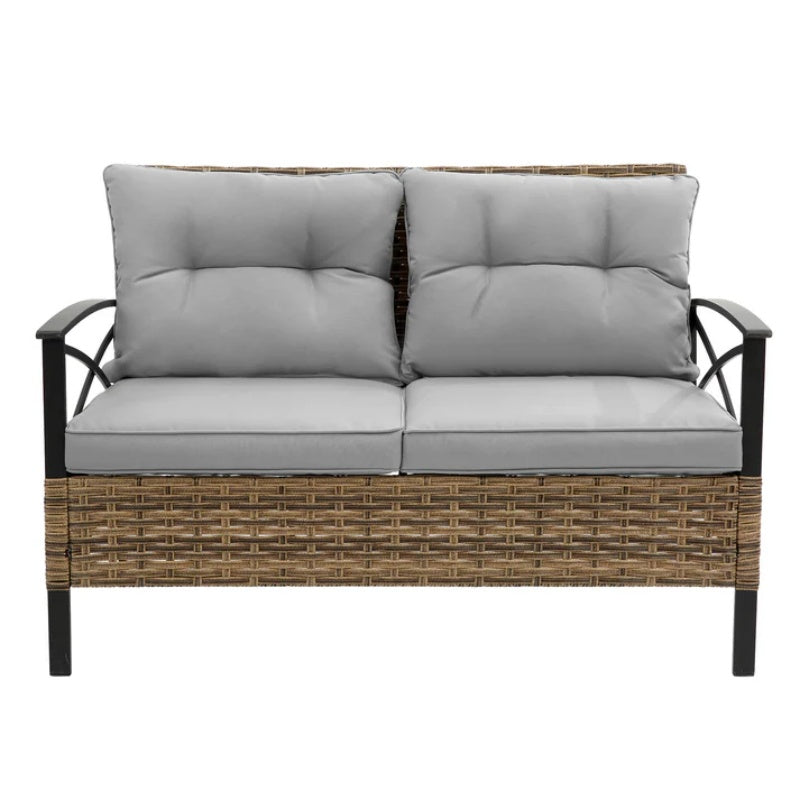 Patio 4 piece sectional low dining conversation sofa set- KD rattan wicker outdoor garden furniture corner sofa set with cushion.-海智集-Default-