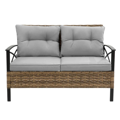 Patio 4 piece sectional low dining conversation sofa set- KD rattan wicker outdoor garden furniture corner sofa set with cushion.-海智集-Default-