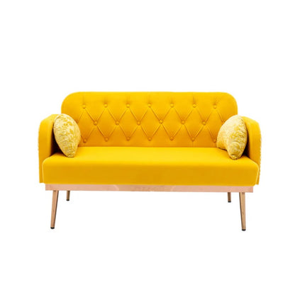 COOLMORE Modern Velvet Loveseat Sofa , Comfy Upholstered 2-Seater Sofa with Gold Metal Legs, Small Loveseat Accent Couch for Living Bedroom Leisure Areas (Yellow Velvet)-海智集-Default-