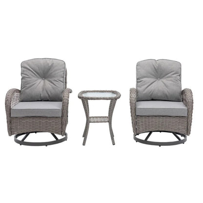 3 Pieces Outdoor Swivel Rocker Patio Chairs, 360 Degree Rocking Patio Conversation Set with Thickened Cushions and Glass Coffee Table for Backyard, Grey-海智集-Default-