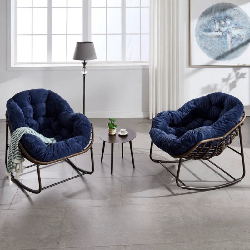 Outdoor Rattan Rocking Chair,Padded Cushion Rocker Recliner Chair Outdoor for Front Porch, Living Room, Patio, Garden, Navy blue-海智集-Default-