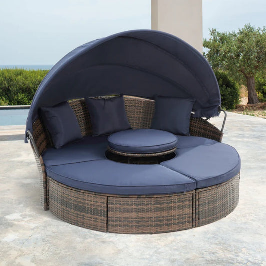 Hot Sale KD Rattan Round Lounge With Canopy Bali Canopy Bed Outdoor, Wicker Outdoor Sofa Bed with lift coffee table-海智集-Default-