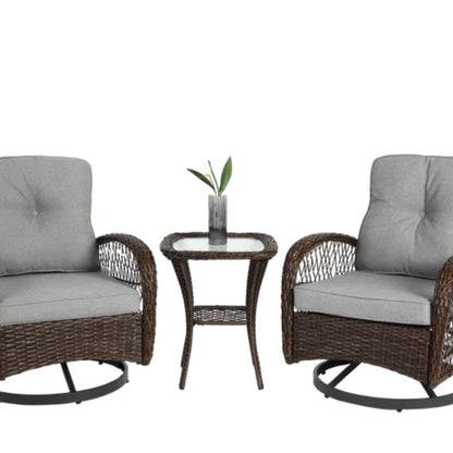 3 Pieces Outdoor Swivel Rocker Patio Chairs, 360 Degree Rocking Patio Conversation Set with Thickened Cushions and Glass Coffee Table for Backyard, Grey-海智集-Default-