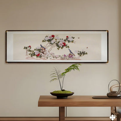 New Chinese Style Flower&Bird Painting - Silk Scroll Wall Art with Black Frame, Oriental Home Decoration-海智集-