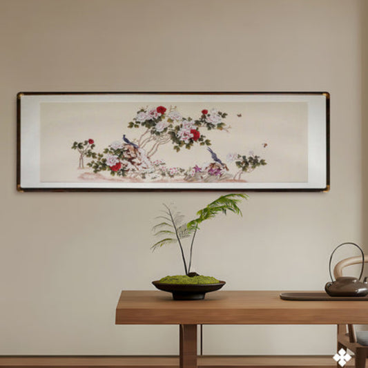 New Chinese Style Flower&Bird Painting - Silk Scroll Wall Art with Black Frame, Oriental Home Decoration-海智集-