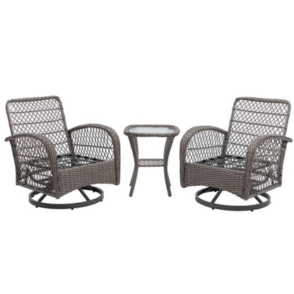 3 Pieces Outdoor Swivel Rocker Patio Chairs, 360 Degree Rocking Patio Conversation Set with Thickened Cushions and Glass Coffee Table for Backyard, Grey-海智集-Default-