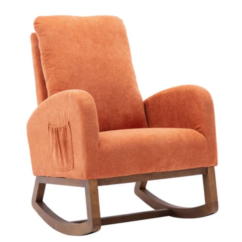 COOLMORE Rocking Chair, Modern Glider Chair, Recliner Armchair with Wood Legs and Side Pocket, Nursery Rocking Accent Chair with High Back for Living Room Bedroom (Orange linen)-海智集-Default-