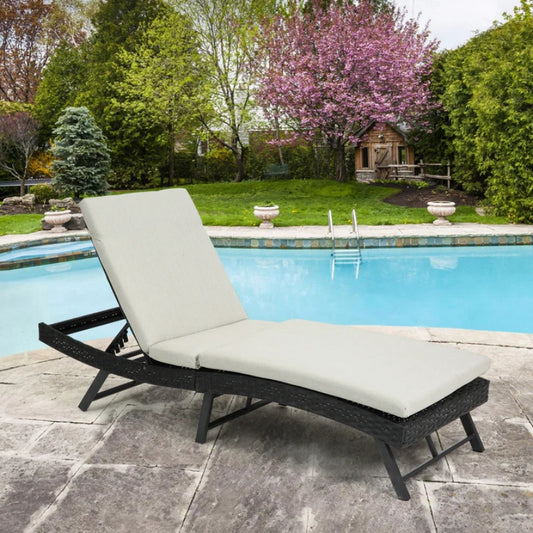 Steel folding Lounge Sets Outdoor Rattan Adjustable Back 3 Pieces Cushioned Patio Folding Chaise Lounge with Folding Table (Beige)-海智集-Default-