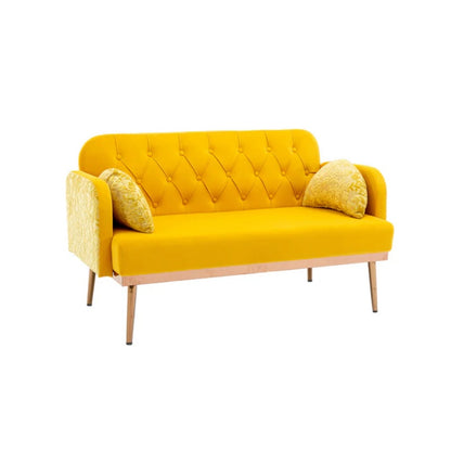 COOLMORE Modern Velvet Loveseat Sofa , Comfy Upholstered 2-Seater Sofa with Gold Metal Legs, Small Loveseat Accent Couch for Living Bedroom Leisure Areas (Yellow Velvet)-海智集-Default-