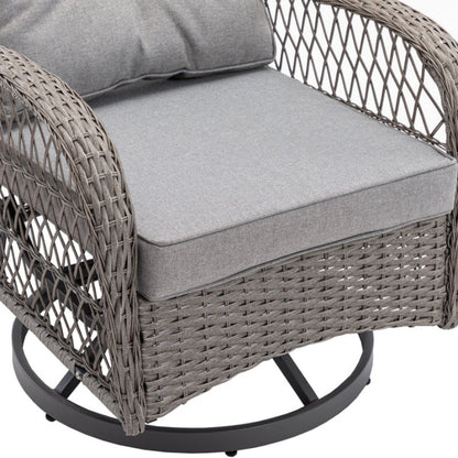 3 Pieces Outdoor Swivel Rocker Patio Chairs, 360 Degree Rocking Patio Conversation Set with Thickened Cushions and Glass Coffee Table for Backyard, Grey-海智集-Default-