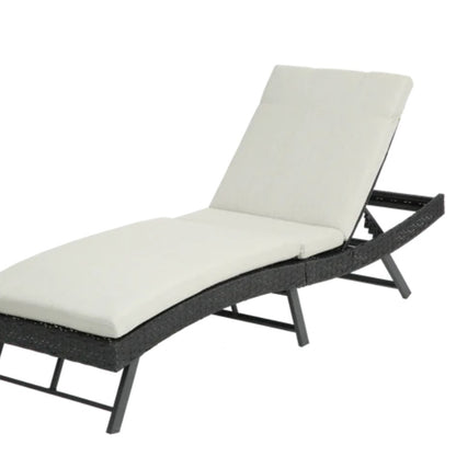 Steel folding Lounge Sets Outdoor Rattan Adjustable Back 3 Pieces Cushioned Patio Folding Chaise Lounge with Folding Table (Beige)-海智集-Default-