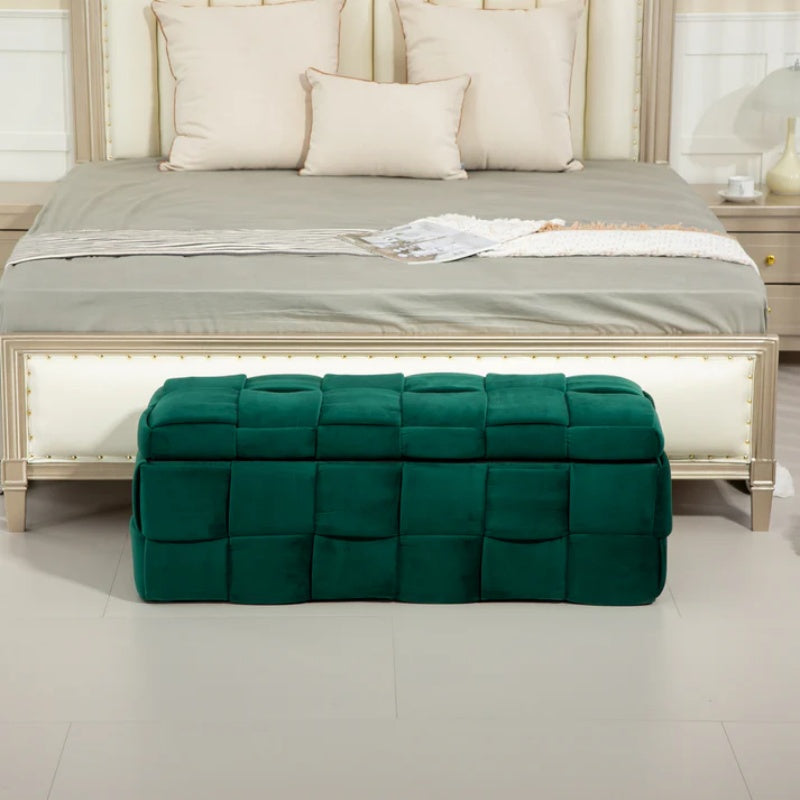 Green Upholstered Fabric Storage Ottoman Bench with Safety Hinge for Living Room & Bedroom-海智集-Default-