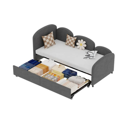 Modern Twin Size Velvet Upholstered Daybed with Additional Bed Frame, Dark Gray, Solid Wood Structure-海智集-Default-