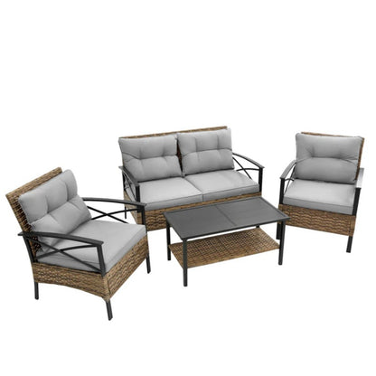 Patio 4 piece sectional low dining conversation sofa set- KD rattan wicker outdoor garden furniture corner sofa set with cushion.-海智集-Default-