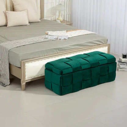 Green Upholstered Fabric Storage Ottoman Bench with Safety Hinge for Living Room & Bedroom-海智集-Default-